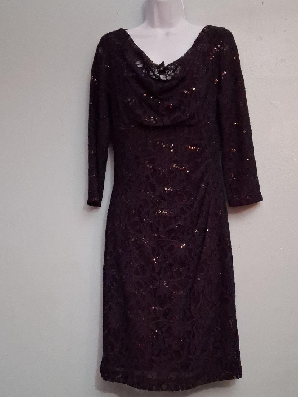Lauren Ralph Lauren 10 Women's Purple Lace Sequin Midi Dress Cowl Neck, Sequins
